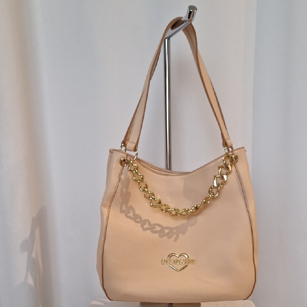 Love Moschino Beige/blush Pink Shoulder Bag with Heart Gold Tone Chain